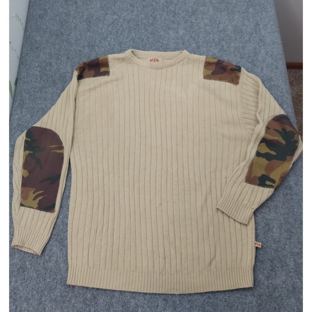 Vtg PJ Mark Sweater Mens 2XL Brown Camo Elbow Patches Commando Ribbed Korea